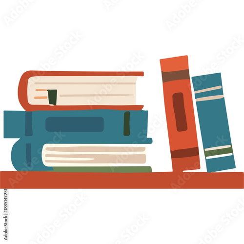 Stack Of Old Books On A Shelf With Colorful Covers And Pages Open Indicating Knowledge And Literature In A Simple Flat Design Aesthetic