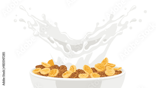 Delicious breakfast cereal with a splash of fresh milk for a healthy start to your day food advertising, nutrition, and lifestyle promotion