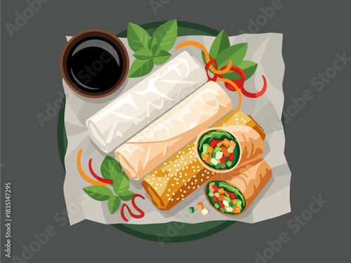 This appetizing top-down vector illustration displays a variety of fresh and sesame-fried spring rolls alongside sliced vegetable wraps, accompanied by dark dipping sauce and fresh basil leaves