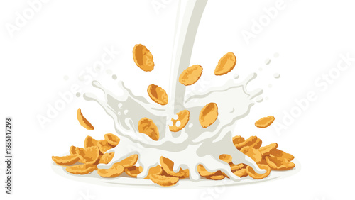 Golden cornflakes splash into creamy milk creating a vibrant breakfast scene, a delightful start to any day, perfect for healthy morning concept