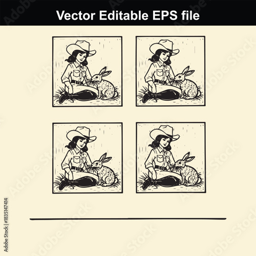 four panels showing a vintage style illustration of a young cowgirl wearing a cowboy hat sitting next to a rabbit, presented as a vector editable eps file