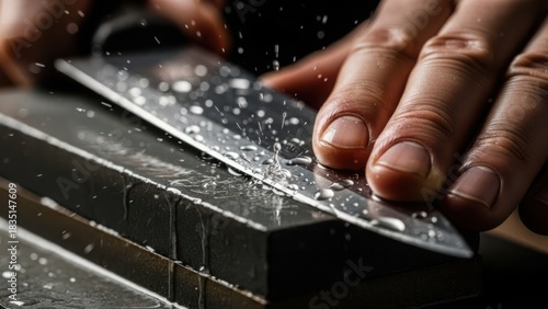 Sharpening knife with whetstone, close up of wet knife being sharpened against water stone by person. Sharpening knife requires precision and detail to keep blade sharp.