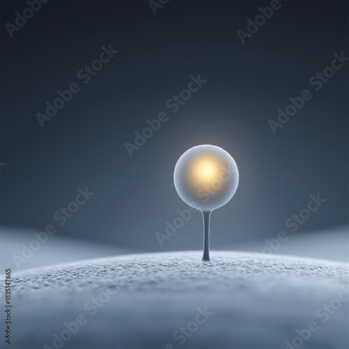 Minimal glowing sphere on thin stand in snowy landscape, symbolizing innovation, energy, sustainability and futuristic eco-technology in serene conceptual scene.