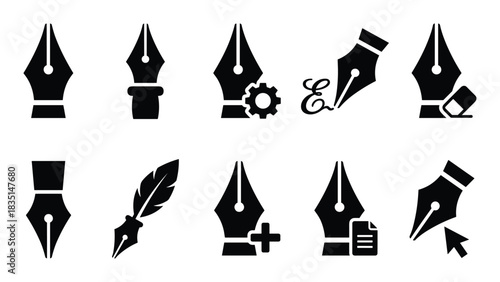 Collection of fountain pen nib, writing, and signature icons. Edit, create, document, and remove symbols.