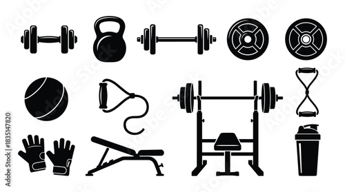 Collection of gym equipment, fitness accessories, workout gear, strength training tools, sport items