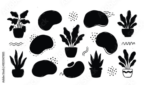 Collection of hand-drawn plants and leaves with various organic shapes, dots, and lines.