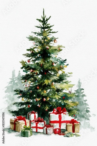 Watercolor New Year's illustration, a Christmas tree with gifts against a forest background. AI generative