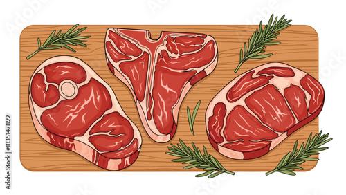 Juicy raw steaks artfully arranged with fresh rosemary on a wooden board ready for grilling and summer BBQ celebrations