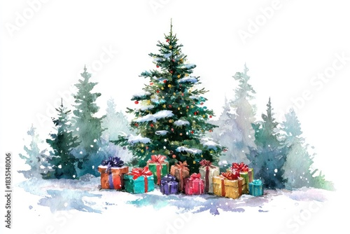 Watercolor New Year's illustration, a Christmas tree with gifts against a forest background. AI generative