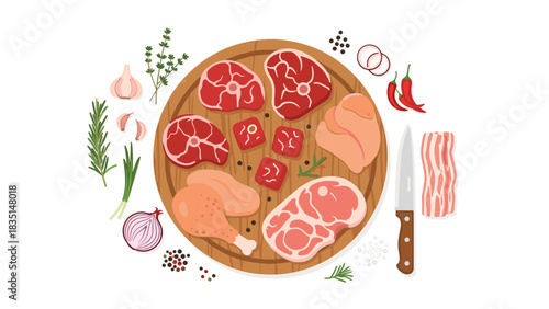 Fresh meat and poultry assortment on wooden board with vibrant herbs and spices ready for delicious home cooking and culinary adventures