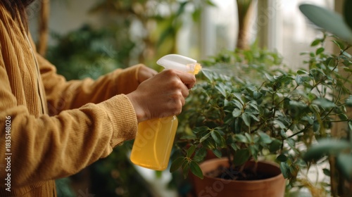 A woman of Asian descent waters her indoor plants with a spray bottle, enhancing the lush green environment around her.