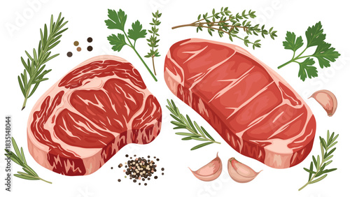 Juicy ribeye and sirloin steaks ready for grilling with fresh herbs and garlic for delicious summer BBQ recipes and cooking ideas