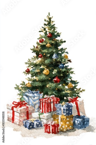 Watercolor New Year's illustration, a Christmas tree with gifts against a forest background. AI generative