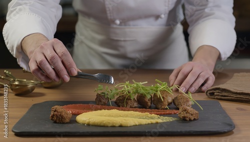 Chef Artfully Plating Gourmet Dish with Fresh Ingredients on a Dark Slate Platter
