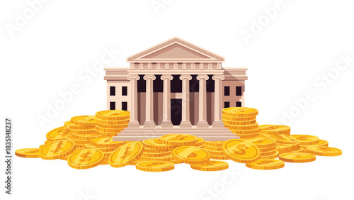 Illustrative bank building surrounded by gold coins promoting financial prosperity, savings, and stability for investments and wealth management