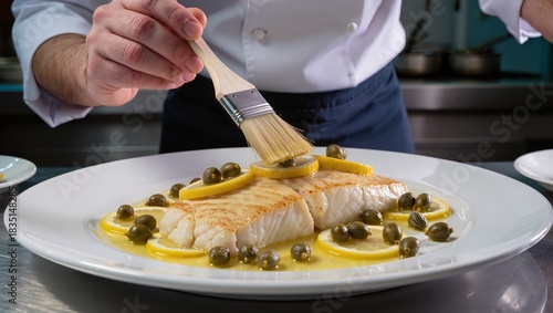 Chef Preparing Delicious Fish Dish with Fresh Ingredients and Lemon Garnish in Restaurant Kitchen