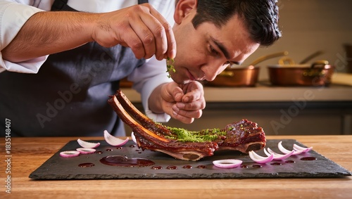 Chef Carefully Garnishing Delicious Rack of Lamb with Fresh Herbs in Culinary Kitchen Setting