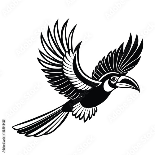 Flying great hornbill with motion lines white bac