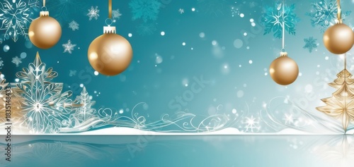 golden christmas baubles snowflakes blue background, winter holiday banner, concept of retail, events