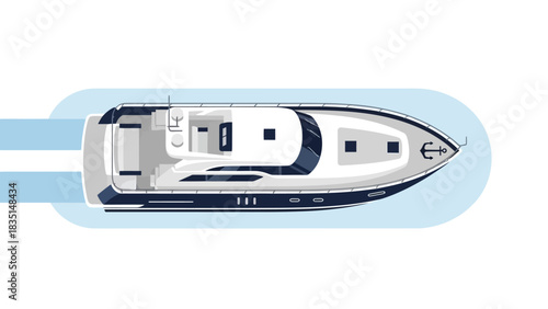 Overhead view of a modern yacht sailing on blue water.