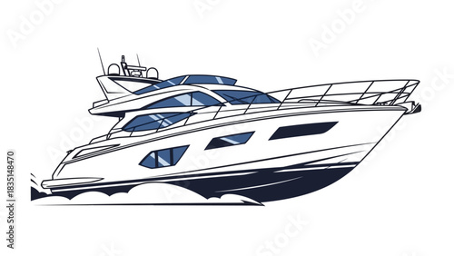 Illustration of a white yacht sailing on the water, side view.