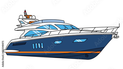 Illustration of a blue and white yacht on a white background.