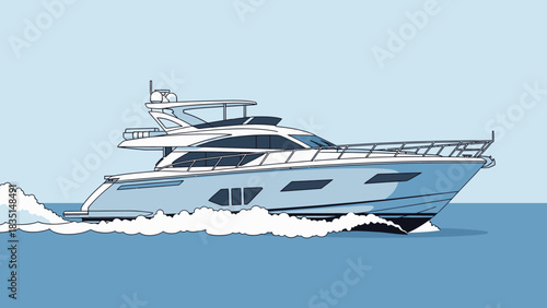Illustration of a white yacht sailing on blue water with a light blue sky.