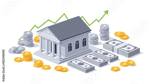 Financial growth illustration with money, coins and bank, perfect for showcasing investment success and economic prosperity concepts