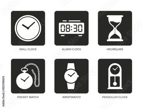 Collection of time icons. Wall clock alarm clock hourglass pocket watch wristwatch pendulum clock.