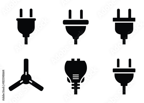 Collection of various electricity plugs. Power connectors and adapters. Energy supply signs.