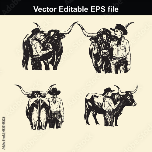 vector editable eps file featuring four distinct black and white illustrations of cowboys interacting closely with large longhorn cattle, showcasing western ranch life