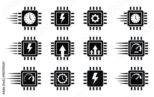 Computer processor and microchip icons. Speed and performance symbols. Technology and data processing elements.