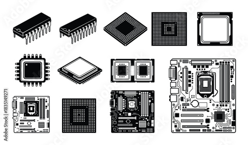 Computer hardware components set. Integrated circuits and motherboards. Electronic device parts. Technology vector.