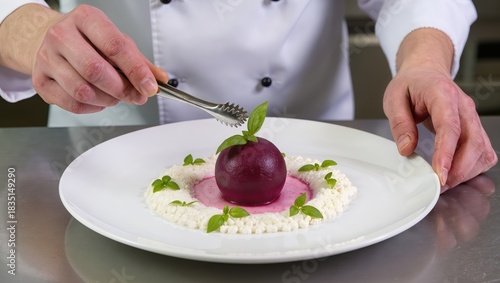 Chef Creating Elegant Dessert with Purple Sphere on Plate Surrounded by Cream and Green Leaves