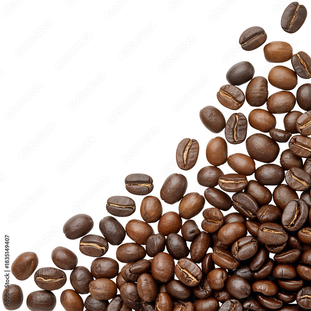 Naklejka premium Pile of roasted coffee beans scattered Isolated on transparent background, png perfect for coffee shop menus and product mockups