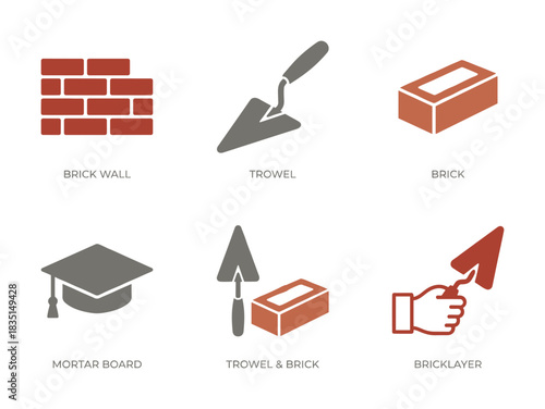Construction icons featuring brick wall, trowel, brick, mortar board, trowel with brick, bricklayer hand.