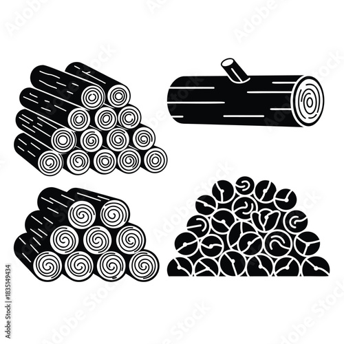 Black Silhouettes of Stacked and Single Firewood Logs firewood, logs, wood, timber