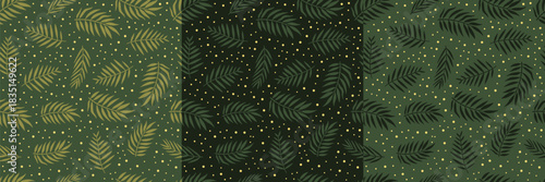A seamless pattern set with tropical leaves in various shades of green, adorned with yellow dots. The vector design has a modern, nature-inspired aesthetic, perfect for backgrounds, textiles, or decor