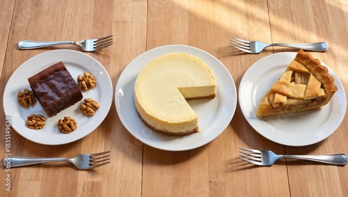 Delicious Desserts on Plates with Forks, Featuring Brownie, Cheesecake, and Apple Pie