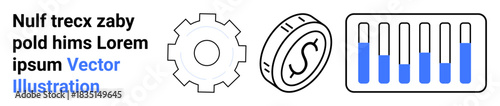 Gear representing process, coin illustrating finance, and bar chart showing data analytics. Ideal for business, finance, analytics, process optimization, economics, efficiency simple landing page