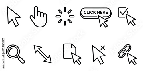 Cursor and pointer icons set. Click here button, hand, magnifier and broken link symbols for web navigation