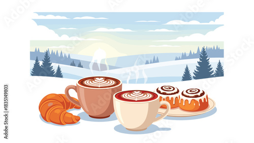 Enjoy cozy winter mornings with coffee art, warm cinnamon rolls, and a fresh croissant in a snowy landscape