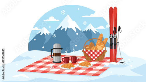 Enjoy a delightful winter picnic after skiing with fresh pastries and hot coffee against a snowy mountain backdrop, creating warmth and joy