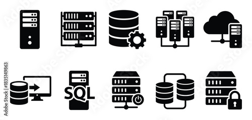 Data storage, network equipment, server and database black simple illustration vector set