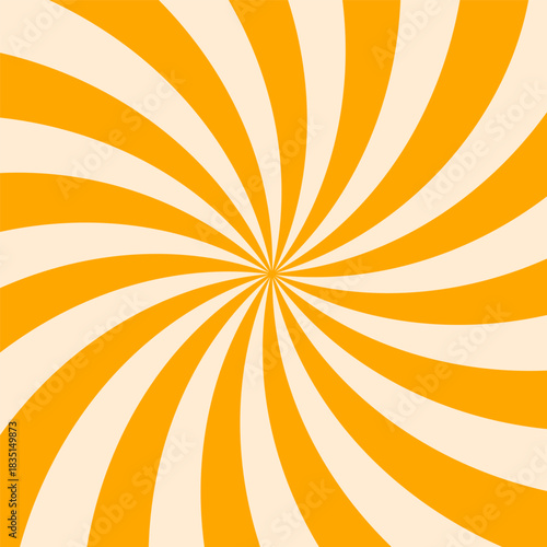 Yellow and beige swirl groovy starburst background. Retro twisted rays pattern with vintage psychedelic vibe. Abstract dynamic spiral design for posters, banners, wallpapers. Vector illustration.