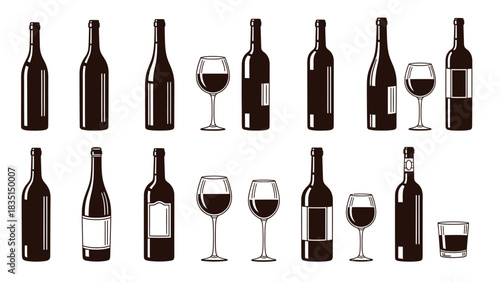 Collection of wine bottles and glasses drink alcohol