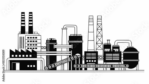 Industrial Factory Building with Smokestacks and Conveyor Belt.