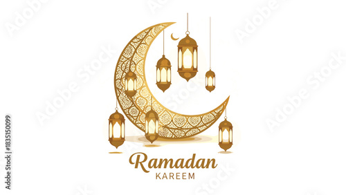 Elegant Ramadan Kareem Illustration: Golden Crescent Moon and Traditional Lanterns for Festive Celebrations, Muslim Holiday Greetings and Islamic Design Templates