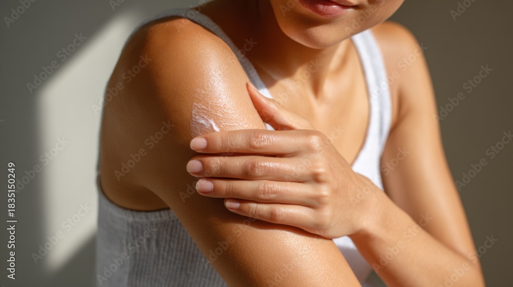 Fototapeta premium A young Asian woman applying moisturizer to her shoulder, highlighting a skincare routine in warm light.