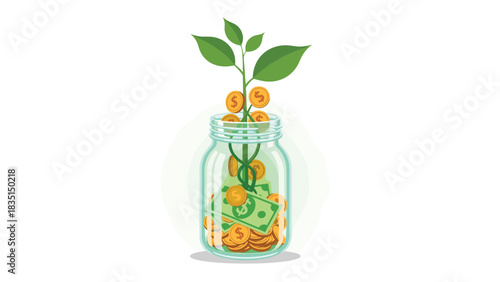Watch Your Savings Grow A Money Plant Sprouting From A Jar Of Coins And Cash For Business Success And Financial Growth